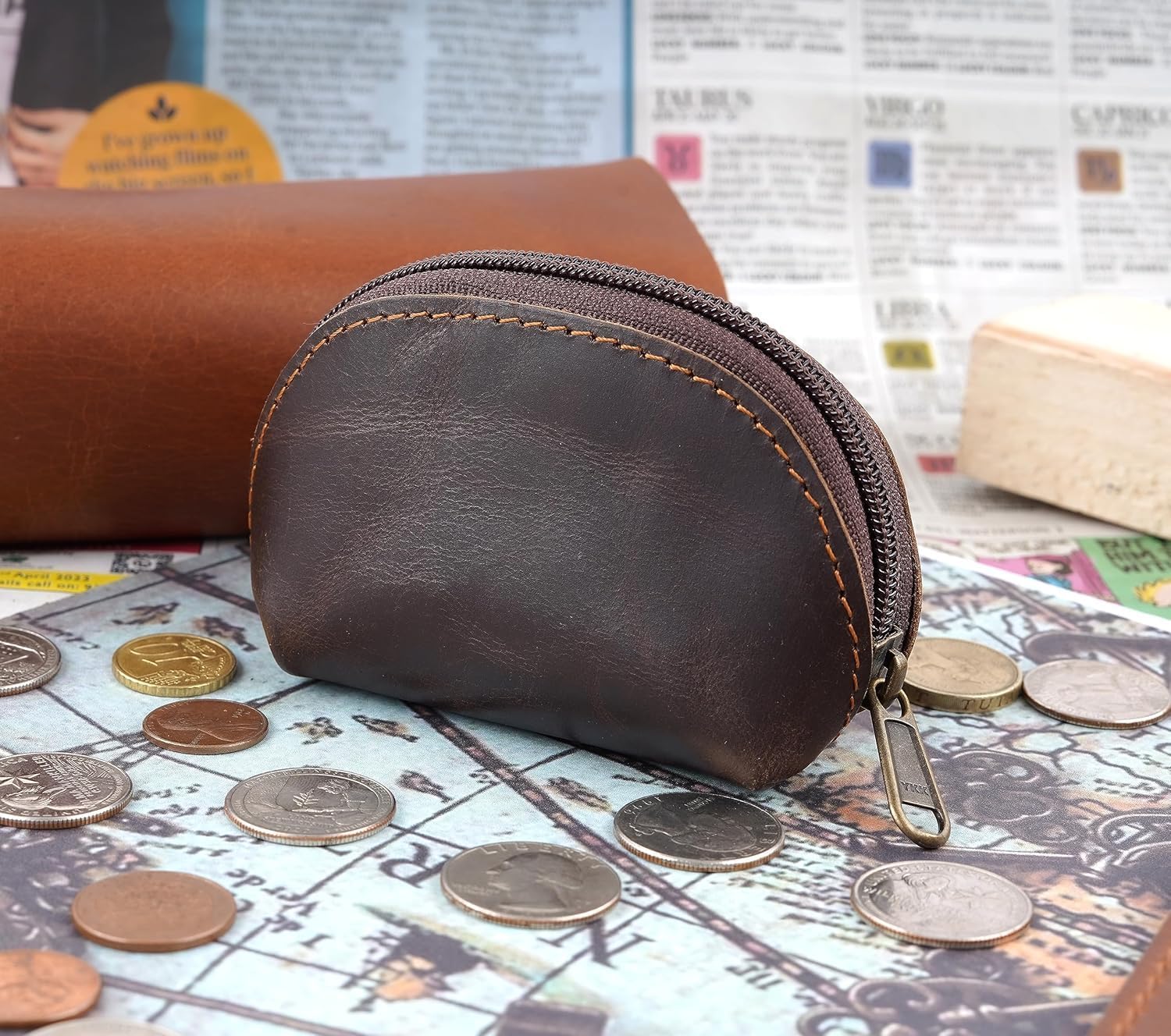 Leather Coin Purse, Moon Pocket Squeeze Pouch, Dark Brown image 4