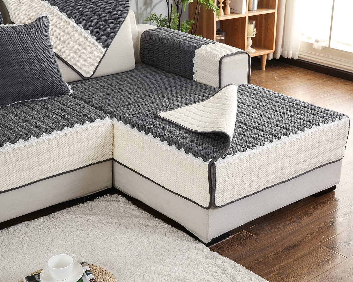 vctops Soft Corduroy Sofa Couch Cover, Plaid Sectional Couch Covers, Non-Slip Sofa Slipcover for Dogs Cats Kids(Dark Grey,28"x47")
