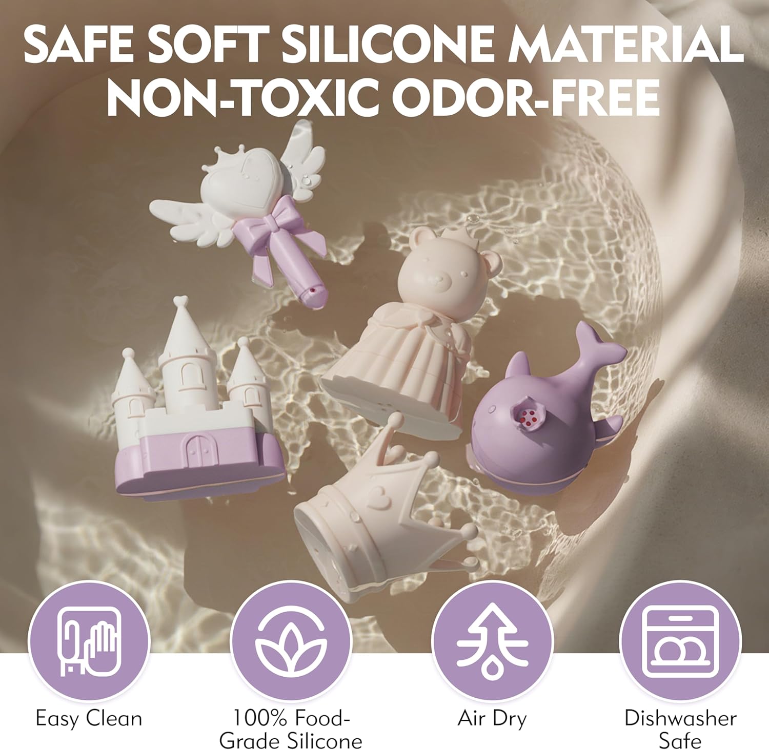 MarcZero Princess Silicone Bath Toys 8Pcs for Toddlers Kids Babies,Bathtub Water Toys,Soft Squeezable Easy-Grip Pool Toys Set (Purple)