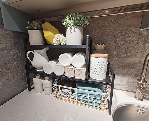 Miniatura 9 de Urhomey plus Organizador pequeño expandible de 16 a 26 pulgadas, apilable, estante para encimera de cocina, estante de fregadero de 20 libras,