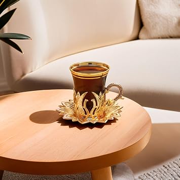 Vintage Handmade Turkish Tea Glasses with Saucer and Holders, Ottoman and Arabic Cups Set of 6 for Serving Guests, Teatime, Dinner, Housewarming Gifts, Wedding, Event, Tableware - Gold