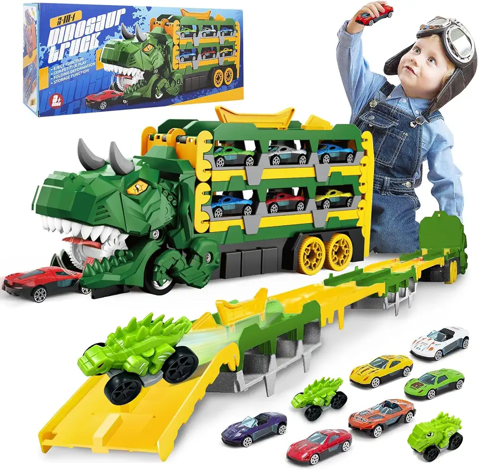 Caminhão Dinossauro Transportador T-Rex, Brinquedo 3 em 1 Interativo que Engole Carrinhos, com Pista Dupla de 145 cm e 8 Carrinhos Inclusos, Vira Maleta, Presente para no Dia das Crianças (Verde)