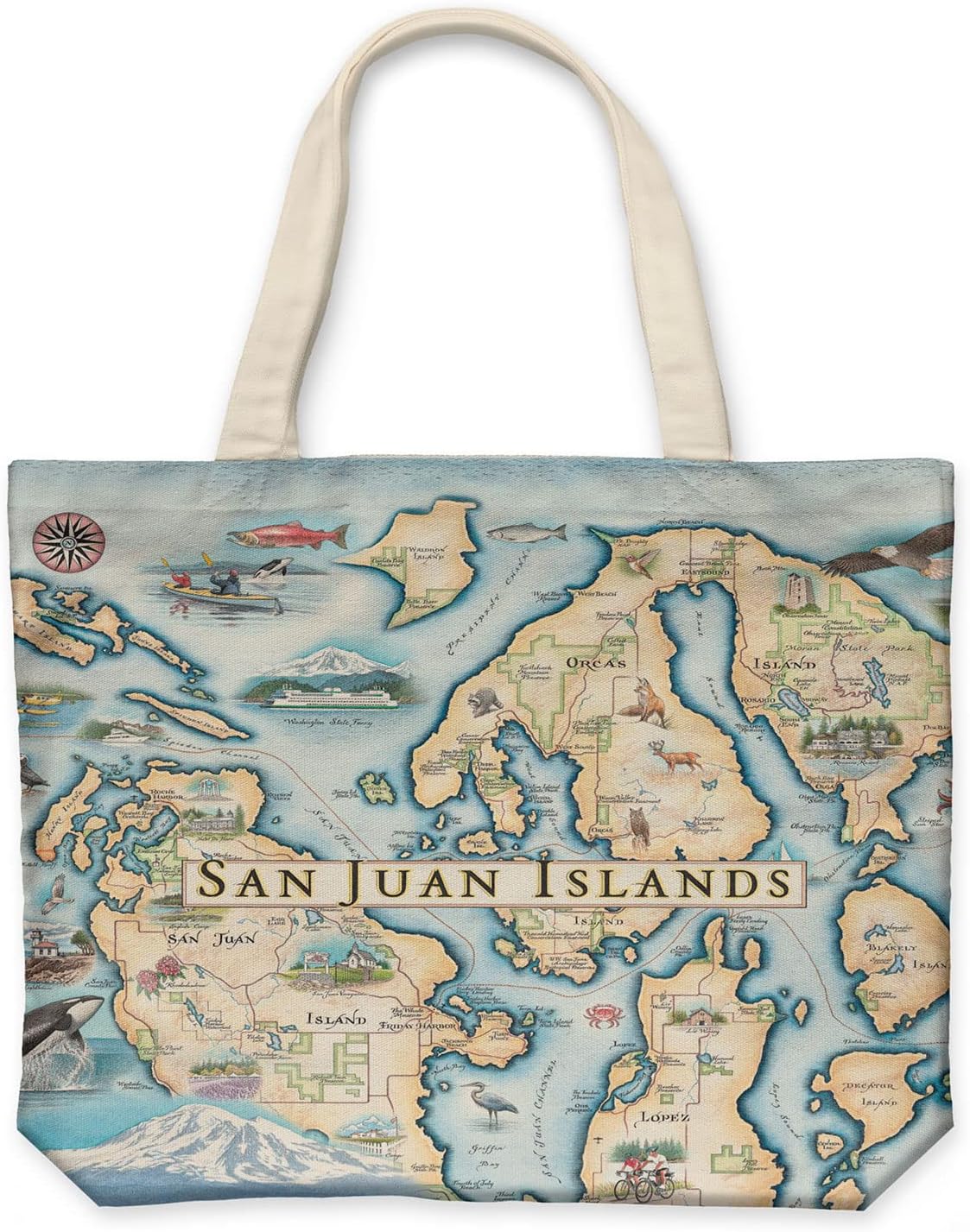 Xplorer MapsSan Juan Island Canvas Tote Bag with Handles, Cloth Grocery Shopping Bag, Reusable & Eco-friendly Bag, 100% Cotton, Washable, 18 wide x 15 tall, Blue, Large