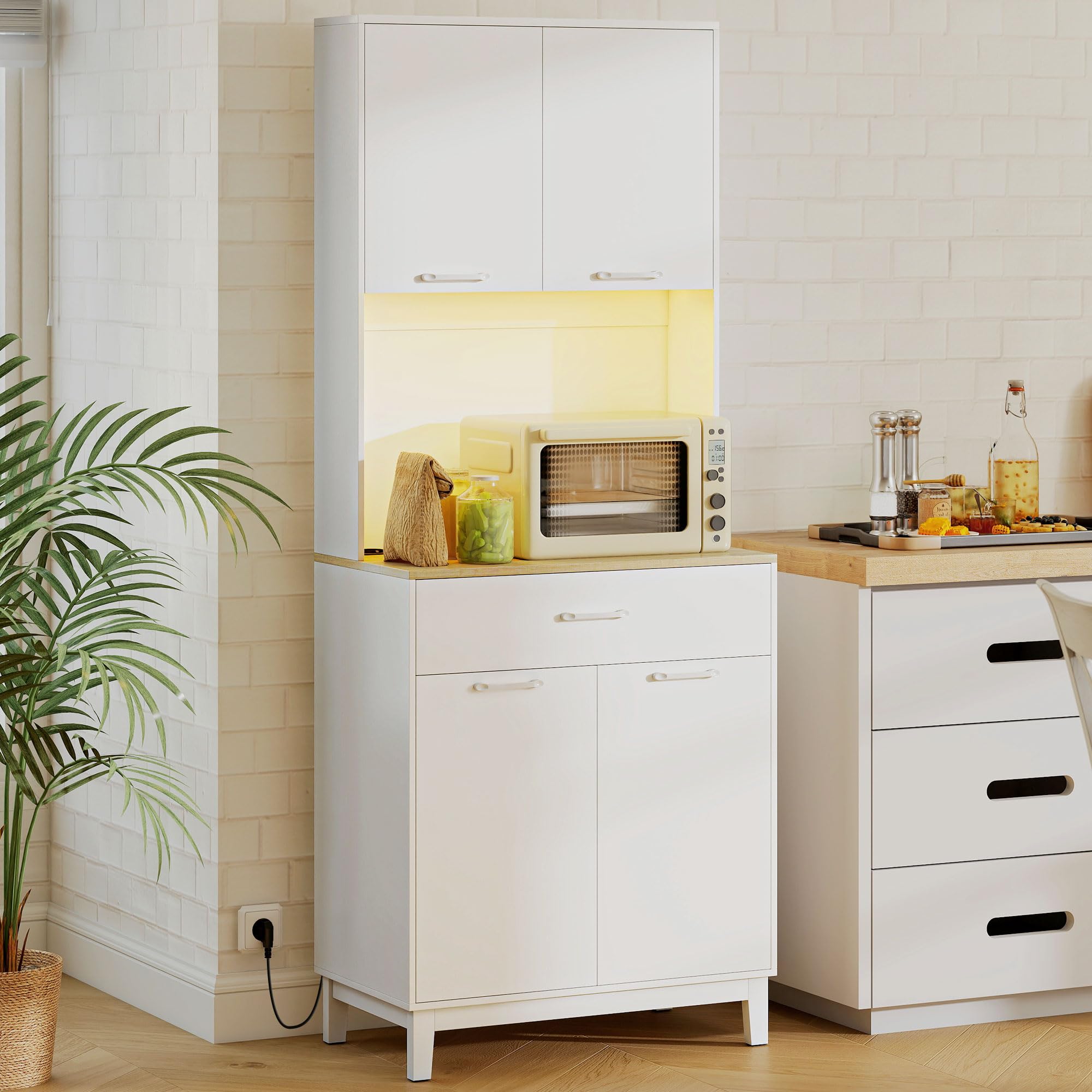 HOMCOM Credenza Cucina, Mobile Dispensa con Luci LED e Stazione di Ricarica con USB, Mobile Cucina con 2 Armadietti, Cassetto, Ripiani Regolabili, per Sala da Pranzo, Soggiorno, 71x40x180 cm, Bianco