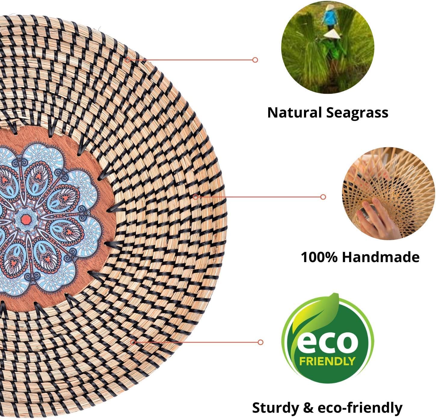 ❤ Crazy Deals Hanging Woven Wall Basket - Seagrass Woven Basket Wall Decor - Black Pattern Wall Baskets Decor Boho Flat - Match in Living Room, Bedroom or Kitchen (13.7x1.8)