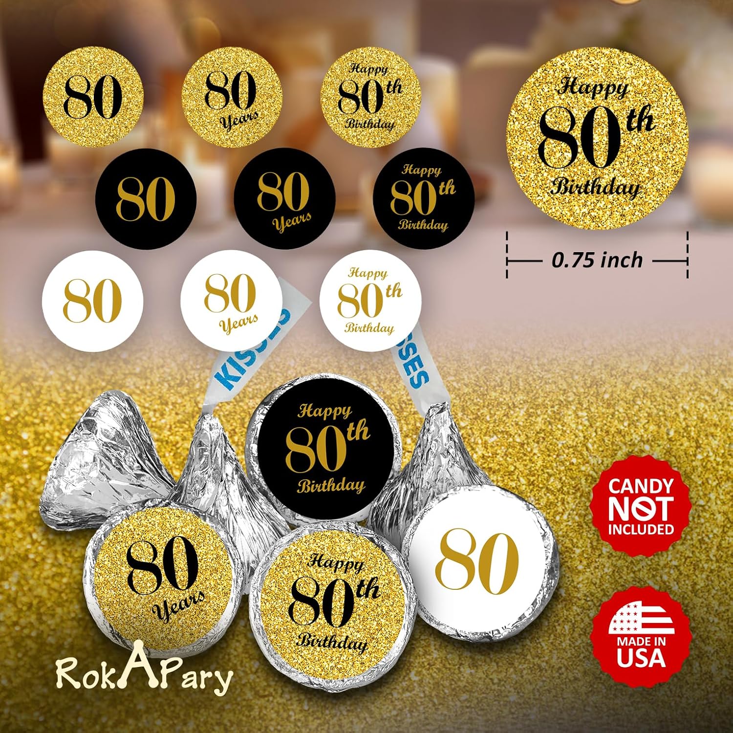 Happy 80th Birthday Kisses Stickers, (Set of 324) Chocolate Drops Labels for 80 Birthday, Party Favors Decor for Kisses. Made in USA, 9 Designs (36 Stickers of Each)