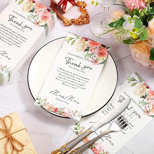 Miniatura 4 de Yeaqee Paquete de 100 servilletas de boda, 3 capas de Mr & Mrs con patrón de rosas para recepción, toallas decorativas desechables para decoración