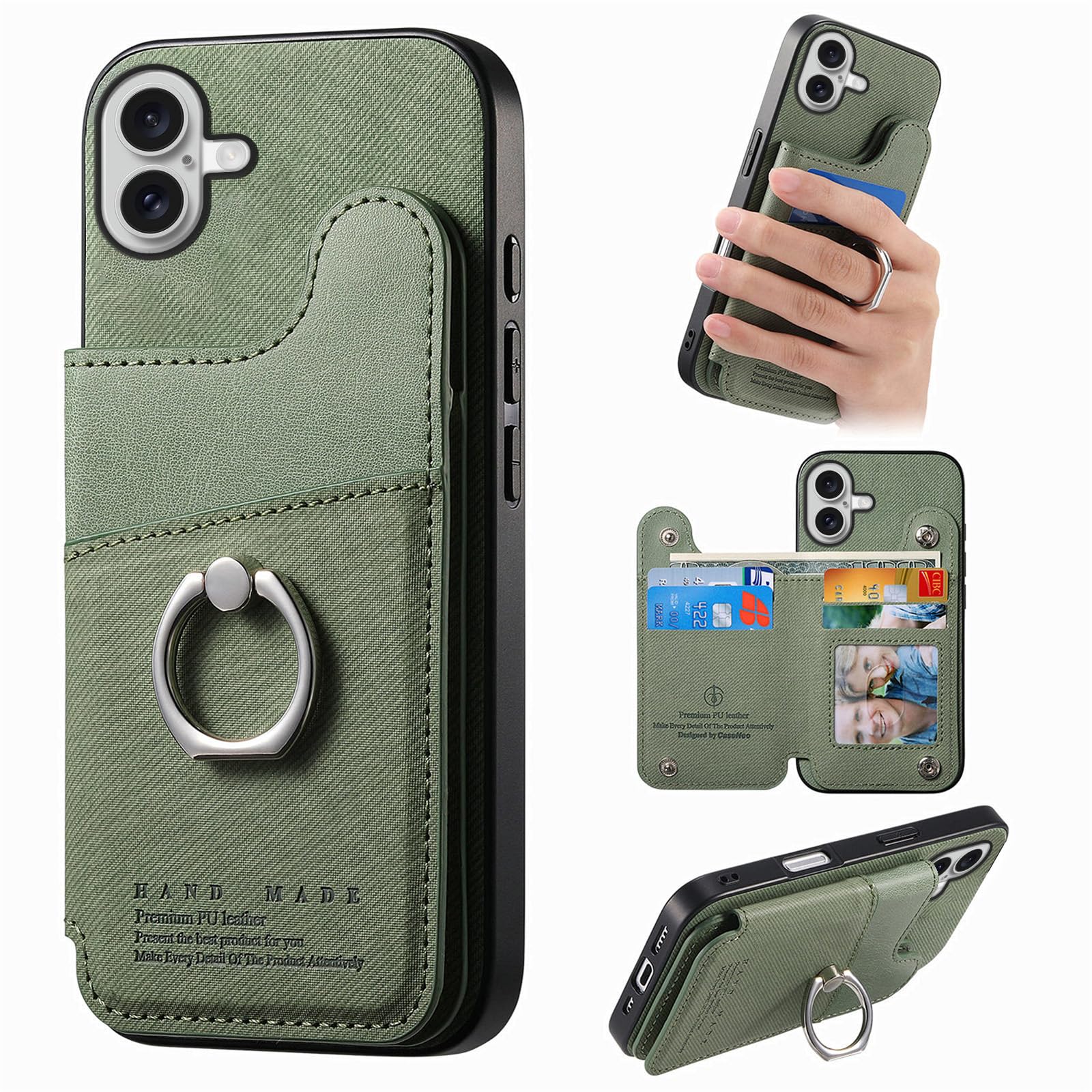 iPhone 16 ケース 手帳型 アイフォン 16 スマホケース あいふおん16ケース リング付き iphone16 携帯カバー 耐衝撃 いphone16 手帳型カバー 背面 カード収納 スマホリング アイホン16 スマホカバー 財布型 カメラ保護 スタンド機能 PUレザー 留め金具 RFIDブロッキング 360°回転 TPU 全面保護 おしゃれ グリーン