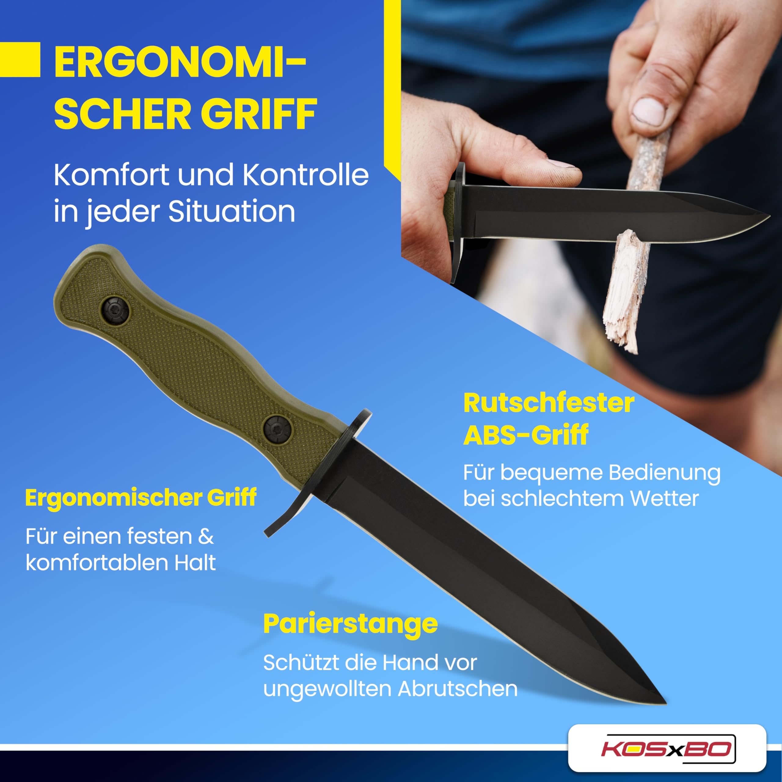 KOSxBO® BW Messer 26,5 cm - Multipurpose Militär Kampfmesser mit Schleifstein - taktisches Kampfmesser - Jagdmesser - Outdoor - Freizeitmesser grün schwarz - USA Knife