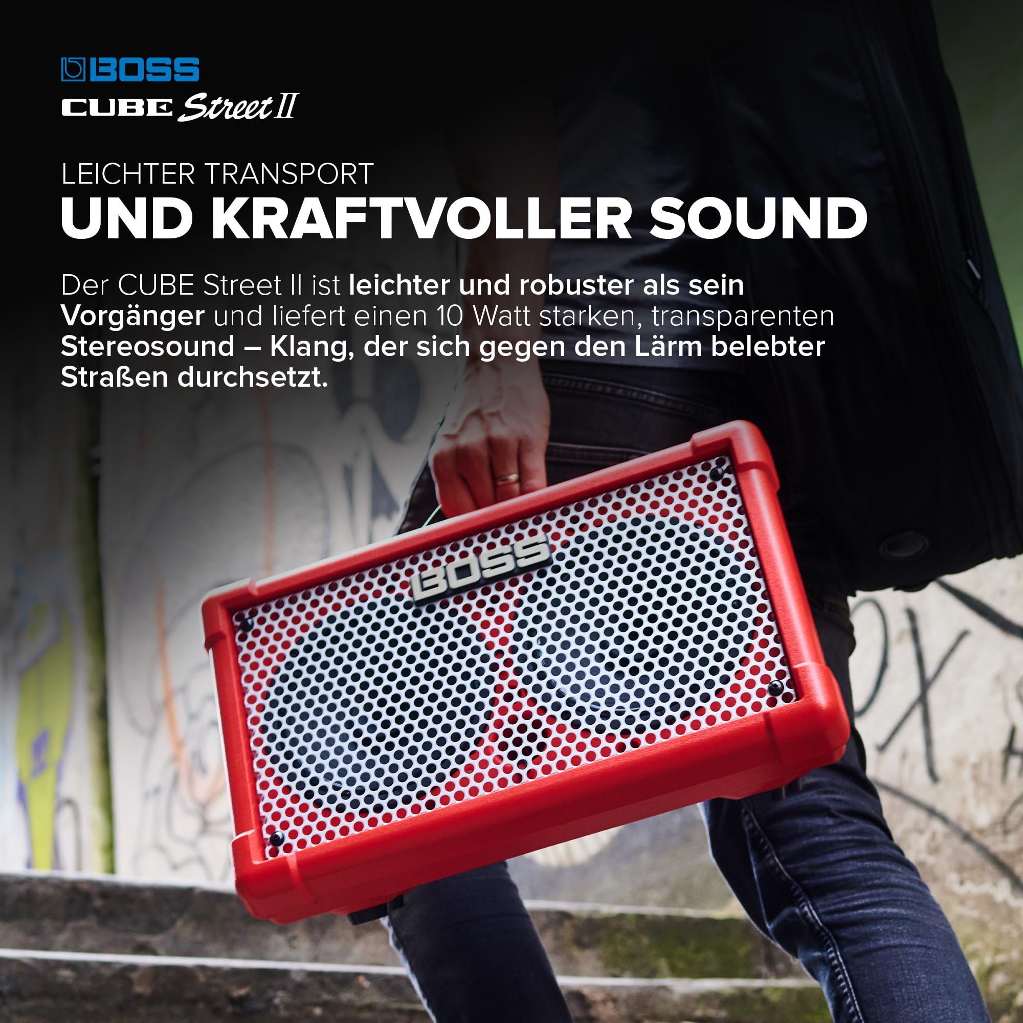 BOSS Cube Street II | Tragbarer batteriebetriebener Stereoverstärker | Hochwertiger Sound | Perfekt für Straßenmusik | Anschluss von Mikrofonen, Instrumenten & Audiogeräten | Rot
