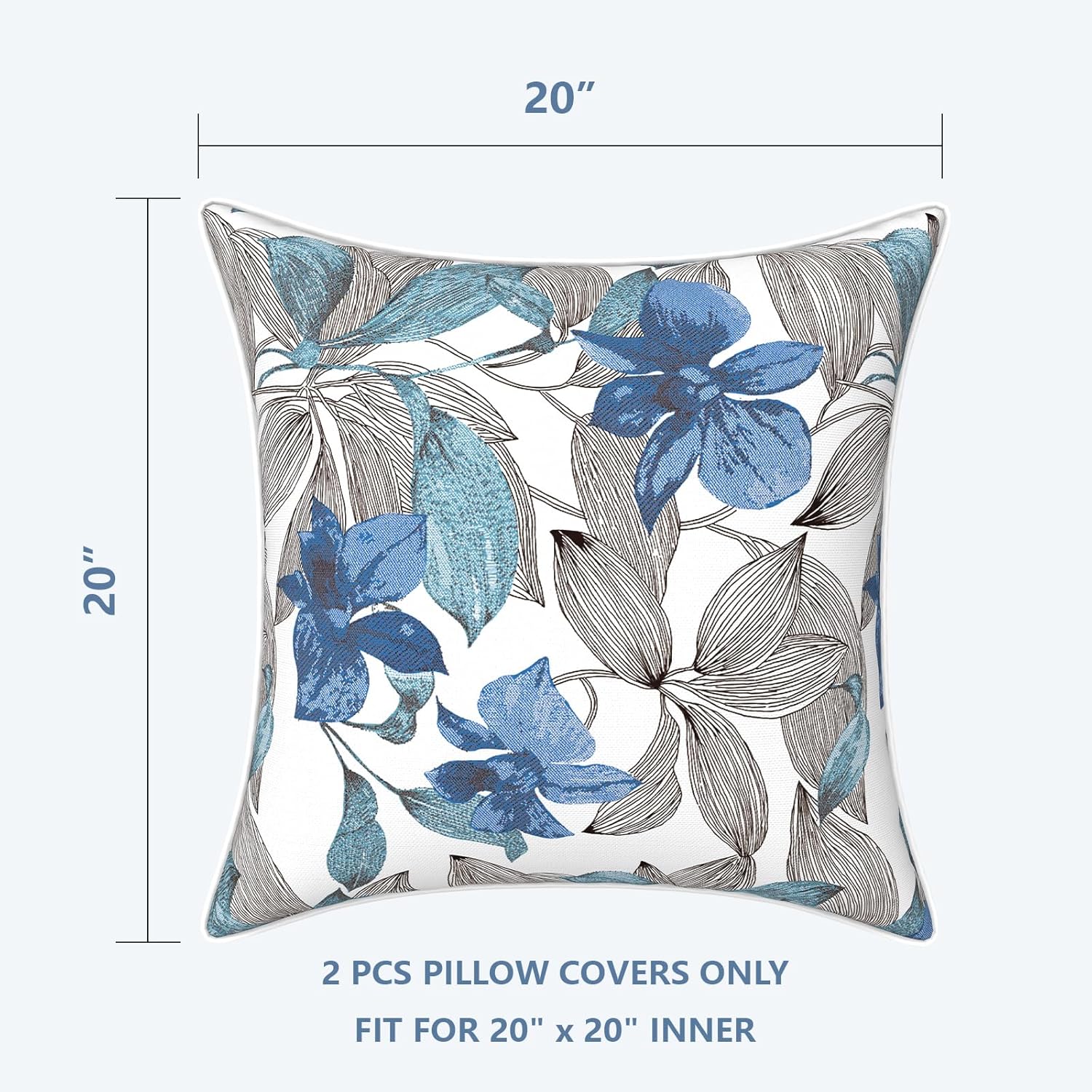 LVTXIII Outdoor/Indoor Pillow Covers, Patio Fade Resistant Throw Pillow Covers ONLY, Waterproof Farmhouse Accent Cushion Cases for Sofa Patio Couch Decoration 20"x20" Set of 2, Clemens Noir Blue