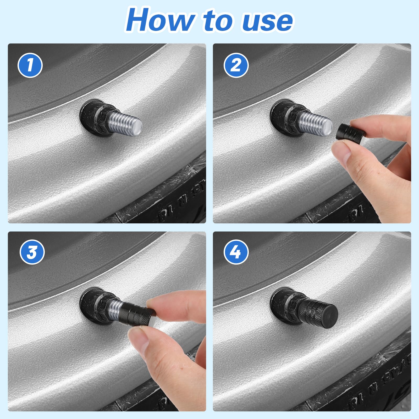 No Loss Tire Valve Stem Caps With Retainer - Universal Covers For Cars, SUVs, Trucks, Motorcycles And Bikes - Never Lose Your Cap Again - 4 Pack (Black