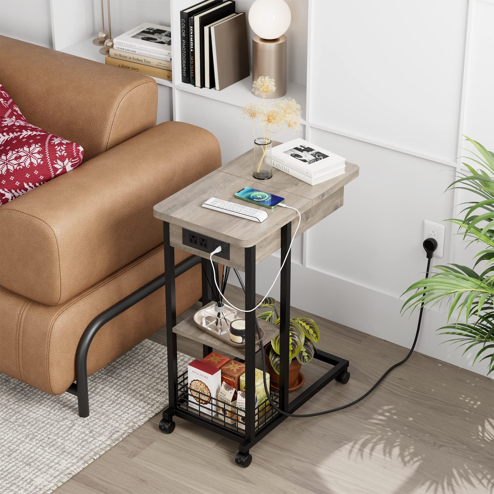 Beistelltisch mit Steckdose und Rollen – Mobiler Tisch in C-Form, 60 x 35 x 75 cm, mit Metallfuß für Wohnzimmer, Bett oder Büro