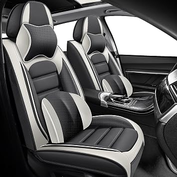 Seat Covers for Toyota Corolla Cross 2022-2026, Faux Leather Seat Cover with Memory Foam Headrest, Waterproof Luxury Car Seat Covers Front Set Gray & White
