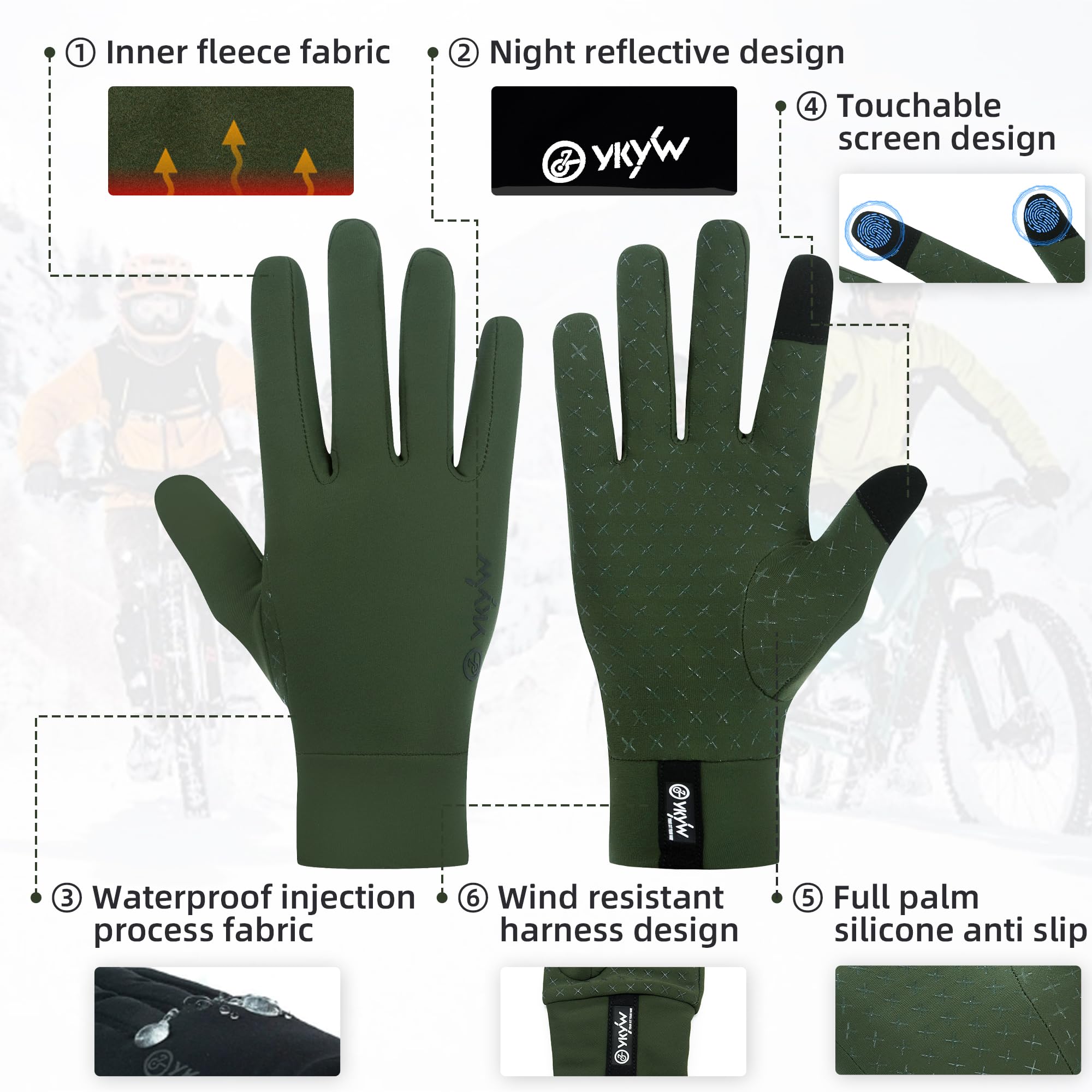 YKYWBIKE Winter-Fahrradhandschuhe für Herren und Damen, Touchscreen, gepolstert, wasserabweisend, winddicht, warm, rutschfest, für Laufen, Radfahren, Workout