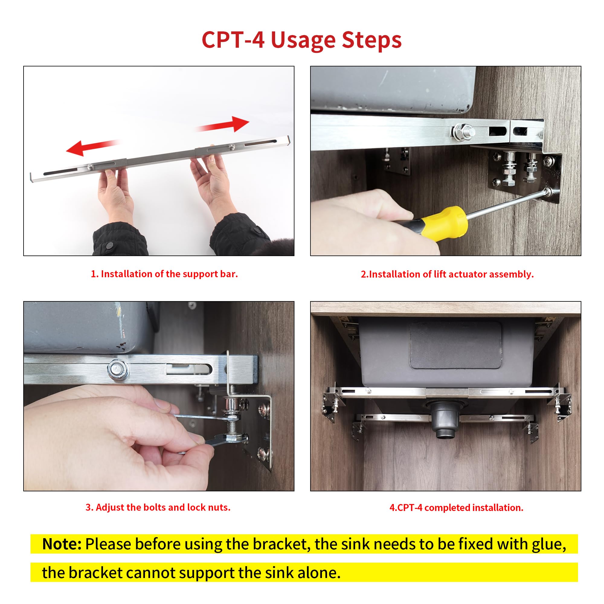 TYESTADN CPT-4 Soportes Para Fregadero Bajo Encimera,Ajustable Soporte De Acero Inoxidable Para Fregadero Bajo Montaje,Kit de instalación para fregadero de cocina (28-39.4 inches（71-100cm）)