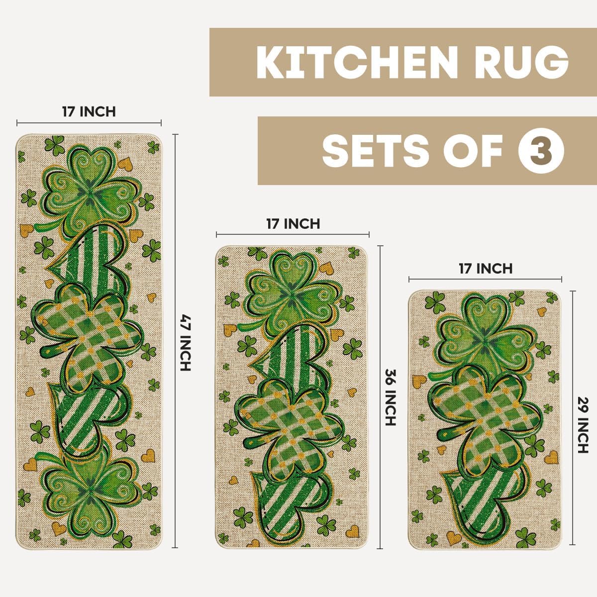 Artoid Mode Shamrock Heart St. Patrick's Day Kitchen Mats Set of 3, Home Decor Low-Profile Kitchen Rugs for Floor - 17"x29"+17"x36"+17"x47"