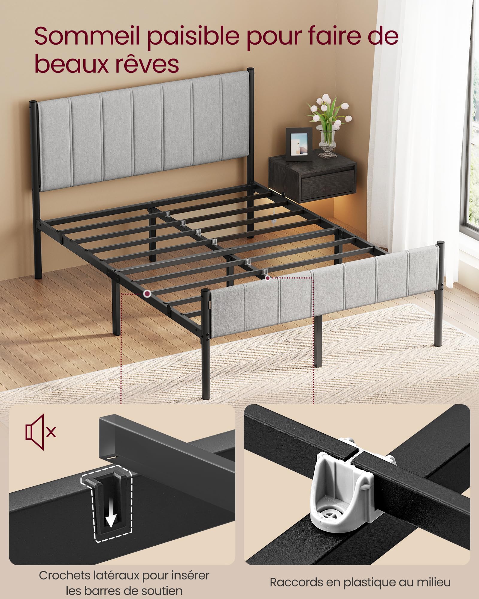 VASAGLE Cadre de Lit Double, 140 x 190 cm, avec Tête de Lit Rembourrée, en Acier, Supporte Jusqu'à 500 kg, Montage Facile, Gris Tourterelle RMB973G01