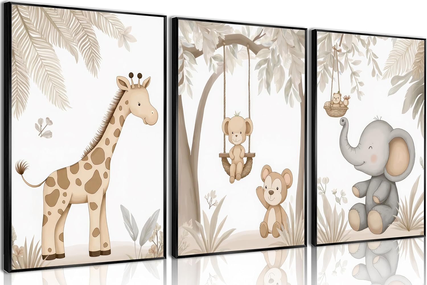 NGXIPUST 3Pcs Woodland Animal Nursery Wall Art Neutral Safari Animal Jungle Paintings Pictures Wall Decor Giraff Monkey Elephants Watercolor Poster Printing Artwork for kids room Home Decoration