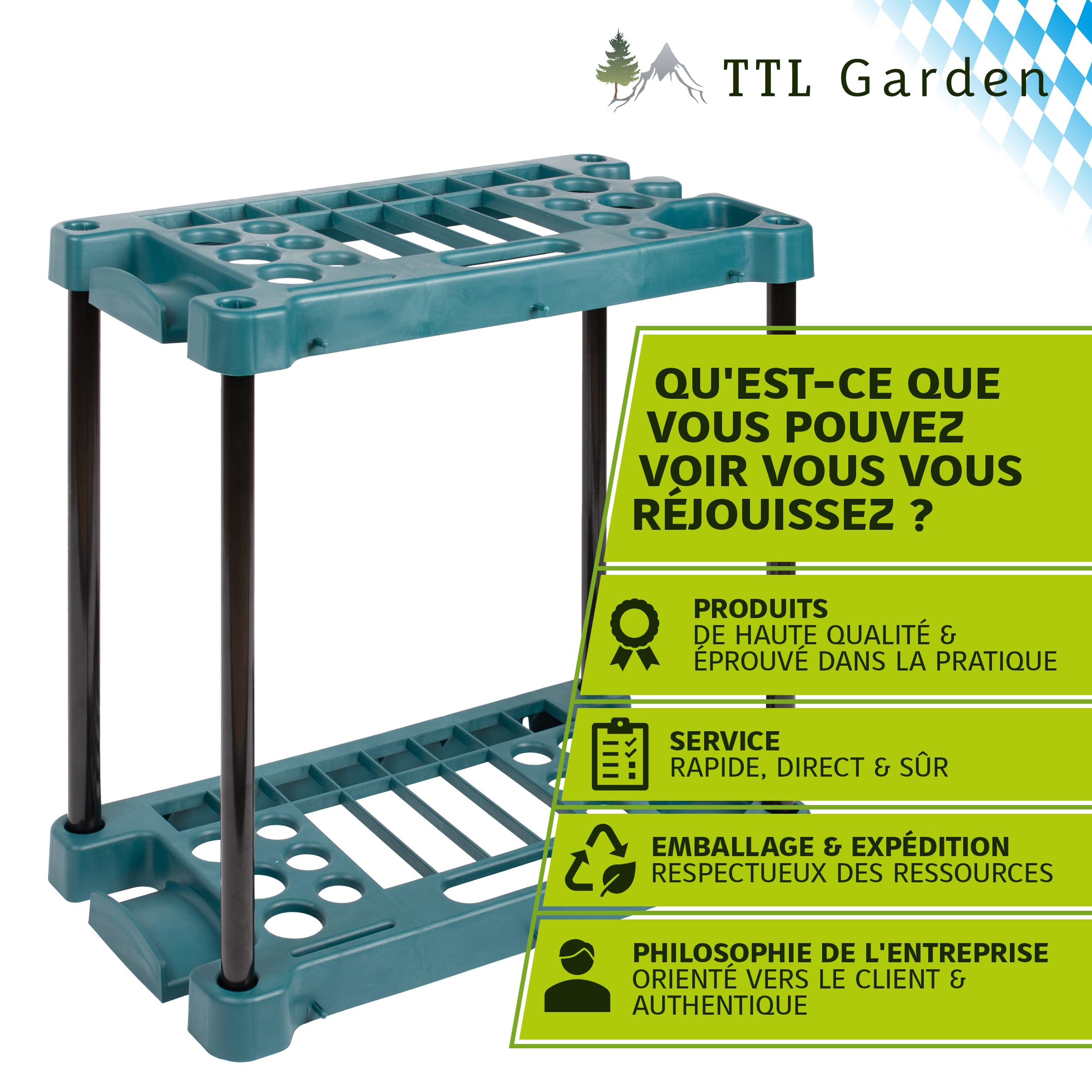 TTL Commerce Garden Support rectangulaire outils de jardin 61x58x31cm 28 compartiments Support et organiseur le rangement balais,bêches,râteaux et outils de jardin,abri de jardin et garage Vert/Noir