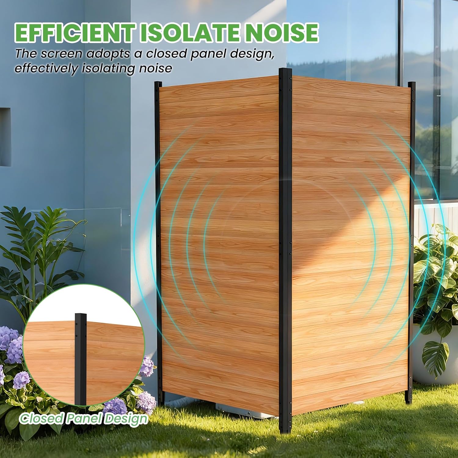 Image showing the privacy screen in an outdoor setting with sound waves indicating its noise isolation capability.