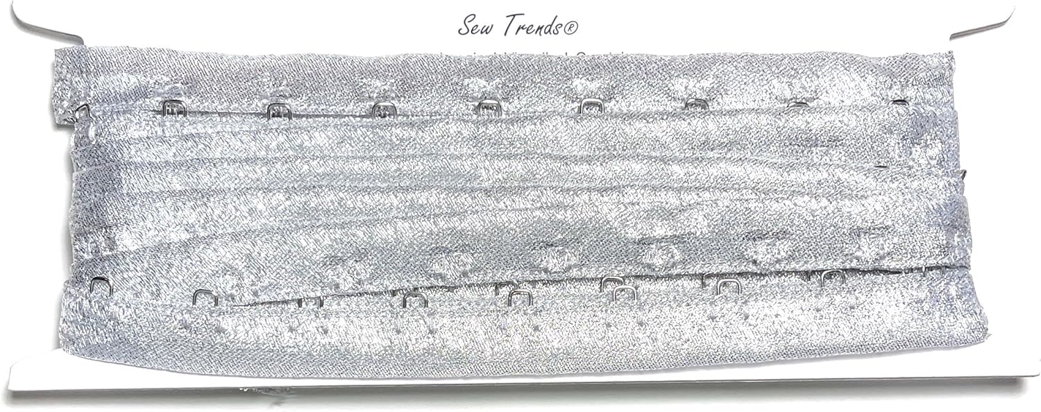 2 Yards Pair of Hook and Eye Tape Metallic Organza Tissue Fabric 1" INCHES SPACING Silver Metal Edging Cordage Trim Corset Lingerie Sewing- Shiny SILVER-2yrds