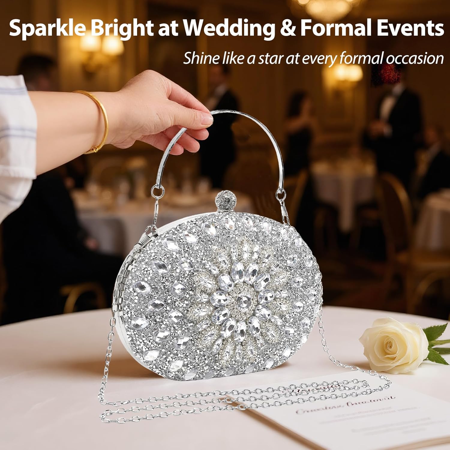 WRINGKIT Rhinestone Clutch Purses for Women, Small Sparkly Silver Evening Clutch Bag, Glitter Luxury Purse Handbag Shoulder Bags for Bridal Wedding Formal Party Prom, Crystal Diamond Bag