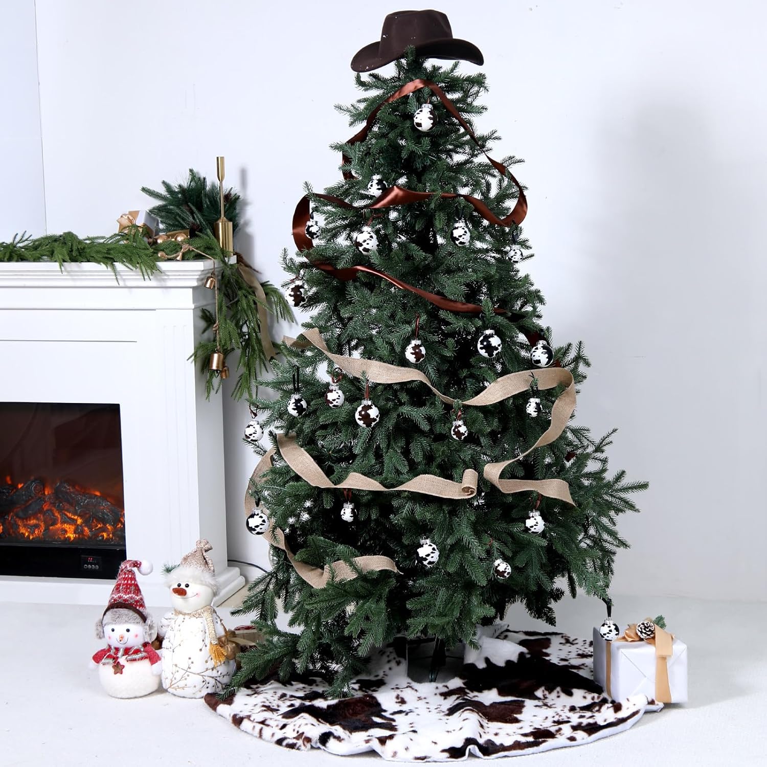 Sosation 29 Pcs Western Cowboy Christmas Tree Decor Set, Including 24 Pcs Cowhide Printed Christmas Balls, 1 Rustic Cowboy Hat, 1 Country Xmas Tree Skirt, 3 Vintage Ribbon Rolls for Farmhouse Party