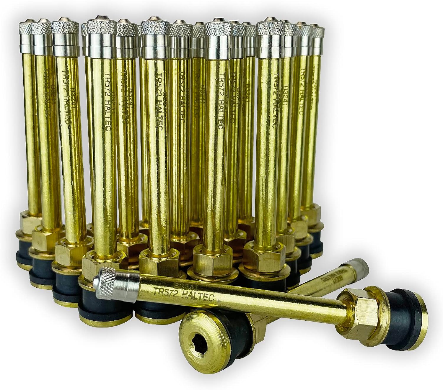 Twenty Five TR572A 3 3/4 inch Straight Truck and Bus Tire Brass Valve Stems for 22.5 and 24.5 Wheels with 0.625 (5/8 inch) inch Valve Holes. TV-572A Haltec Valve Stems.
