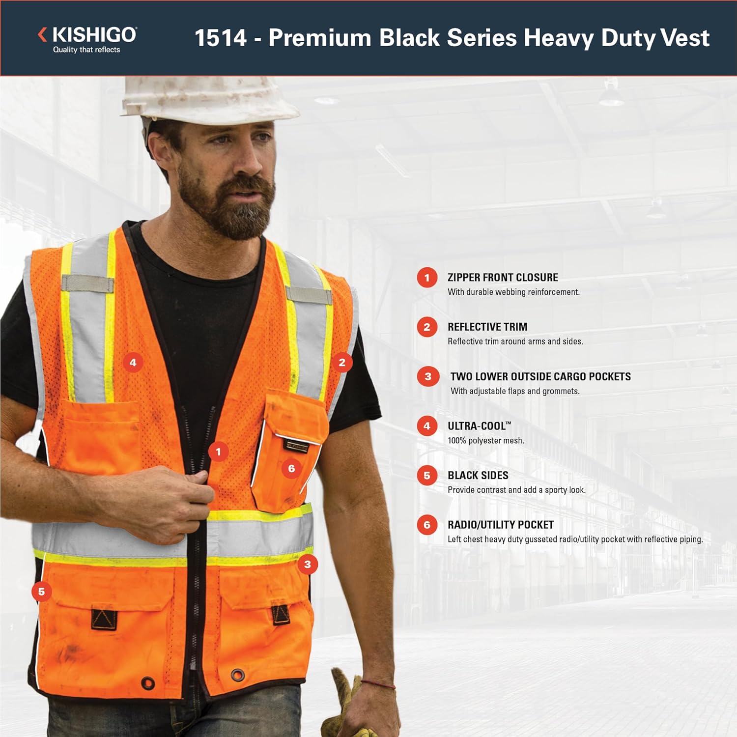 Kishigo Premium Black Series Heavy Duty Unisex Reflective Safety Vest 1514, ANSI Type R / Class 2 Compliant, 6 Pockets - Pencil & Radio Pockets, Reflective Silver Lining & Black Trim (Orange, 2X)