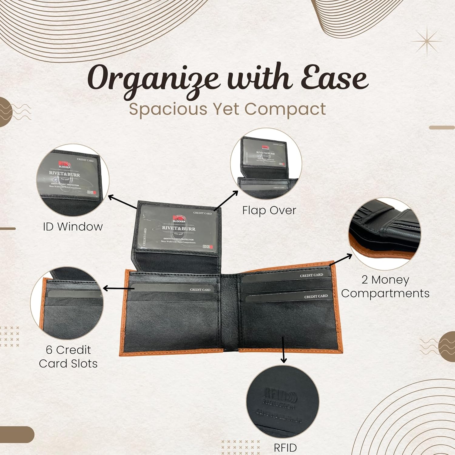 RIVET & BURR Genuine Leather Bifold Wallet for Men with RFID Blocking – Double-Stitched Slim Wallet Gift Set with Keychain, Vanity Tray & Gift Box (Tan) - Image 3