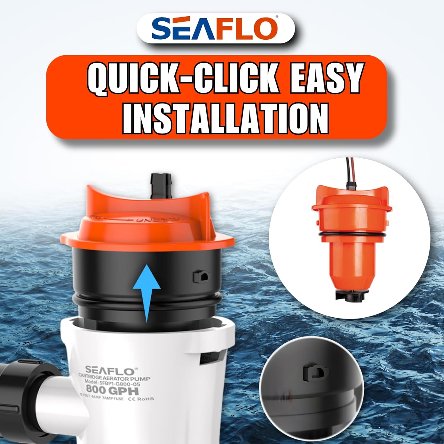 Diagram showing the quick-click installation of the motor cartridge into the pump housing