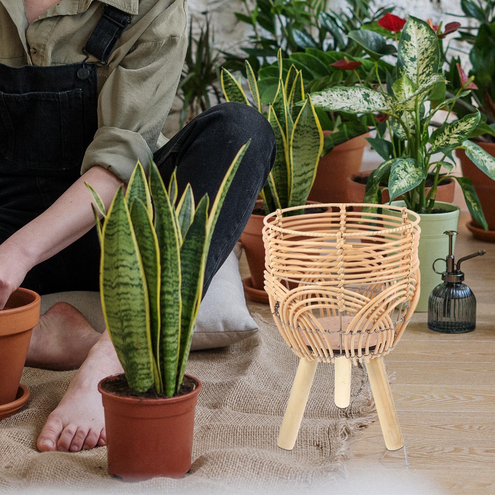 DECHOUS Cesto Portavaso Intrecciato in Bambù con Gambe Robuste Struttura Stabile e Finitura Liscia per Piante da Interno e Giardino Facile da Montare e Rimuovere Decorazione Naturale per