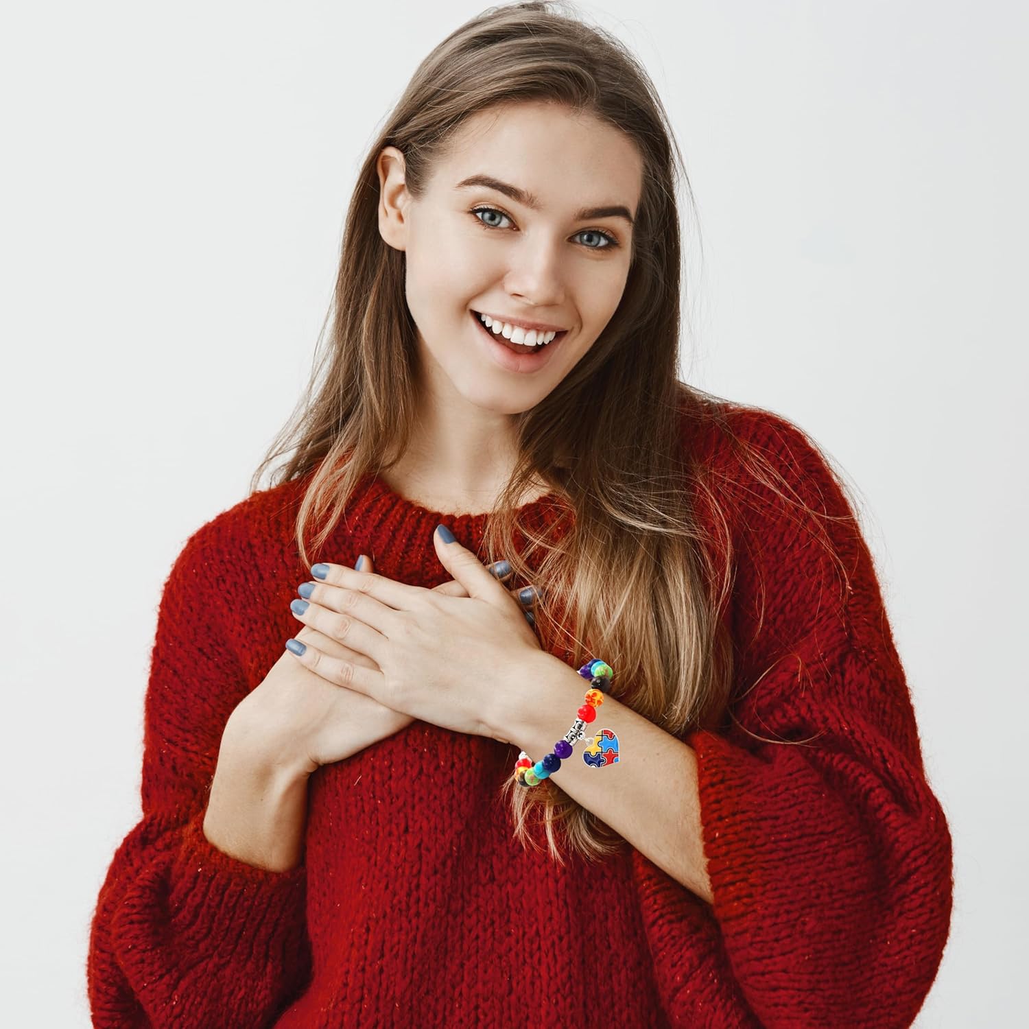 Autism Awareness Bracelet For Women Men Heart Disc Puzzle Piece Autism Autistic Bracelet 7 Chakra Beaded Elastic Bracelet Autism Jewelry Bracelet For World Autism Day Gift (E, Copper) - Image 2