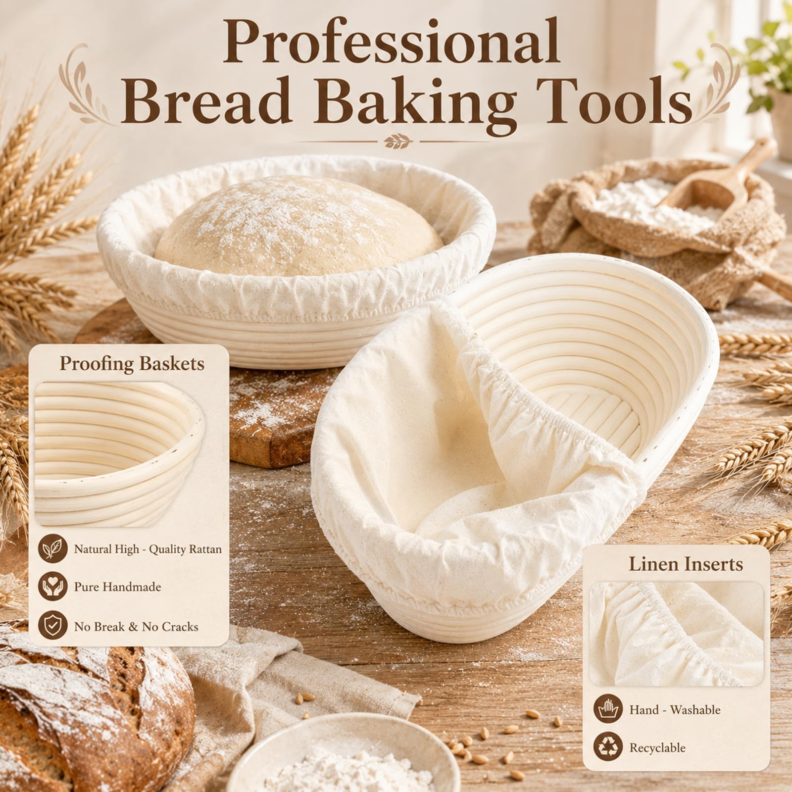 Lot de 16 paniers à fermentation ovales et ronds de 25,4 cm et 22,9 cm avec verre de démarrage, spatule, élingue à pain, moule à pain Banneton, accessoires de pâtisserie pour boulangers amateurs