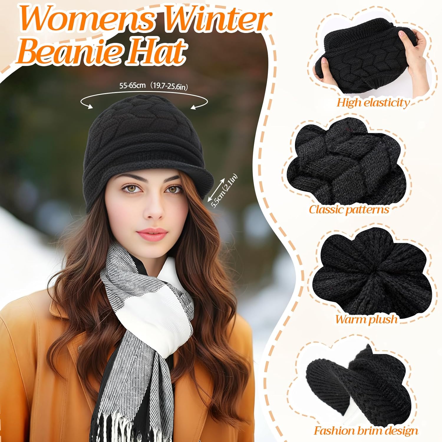 4 pcs Winter Warm Set for Women, Knit Beanie Hat with Brim, Touch Screen Gloves, Long Plaid Scarf & Ear Warmer - Image 2