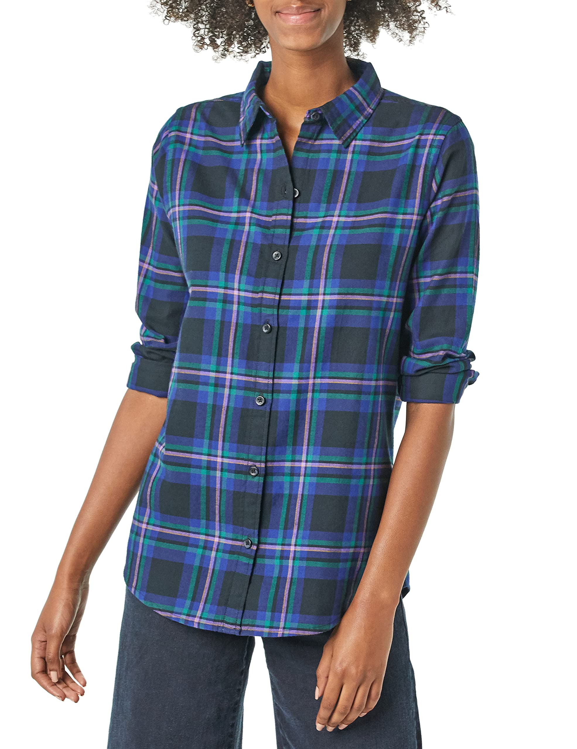 Amazon Essentials Women's Regular-Fit Long-Sleeve Lightweight Cotton Brushed Flannel Shirt