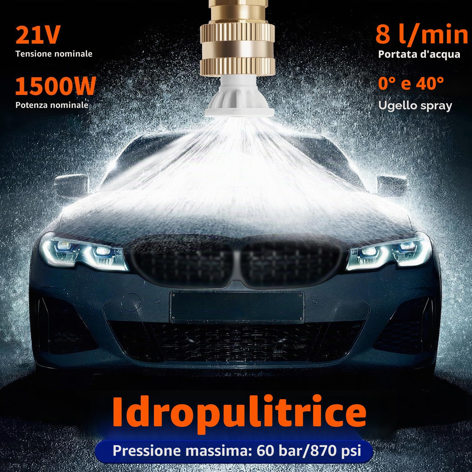 Idropulitrice a Batteria 3000W, Pulitrice ad Alta Pressione Portatile Senza Fili con 2 Batterie 2.0Ah e 2 Ugelli, Lancia per Auto Moto Giardino e Pavimenti Esterni
