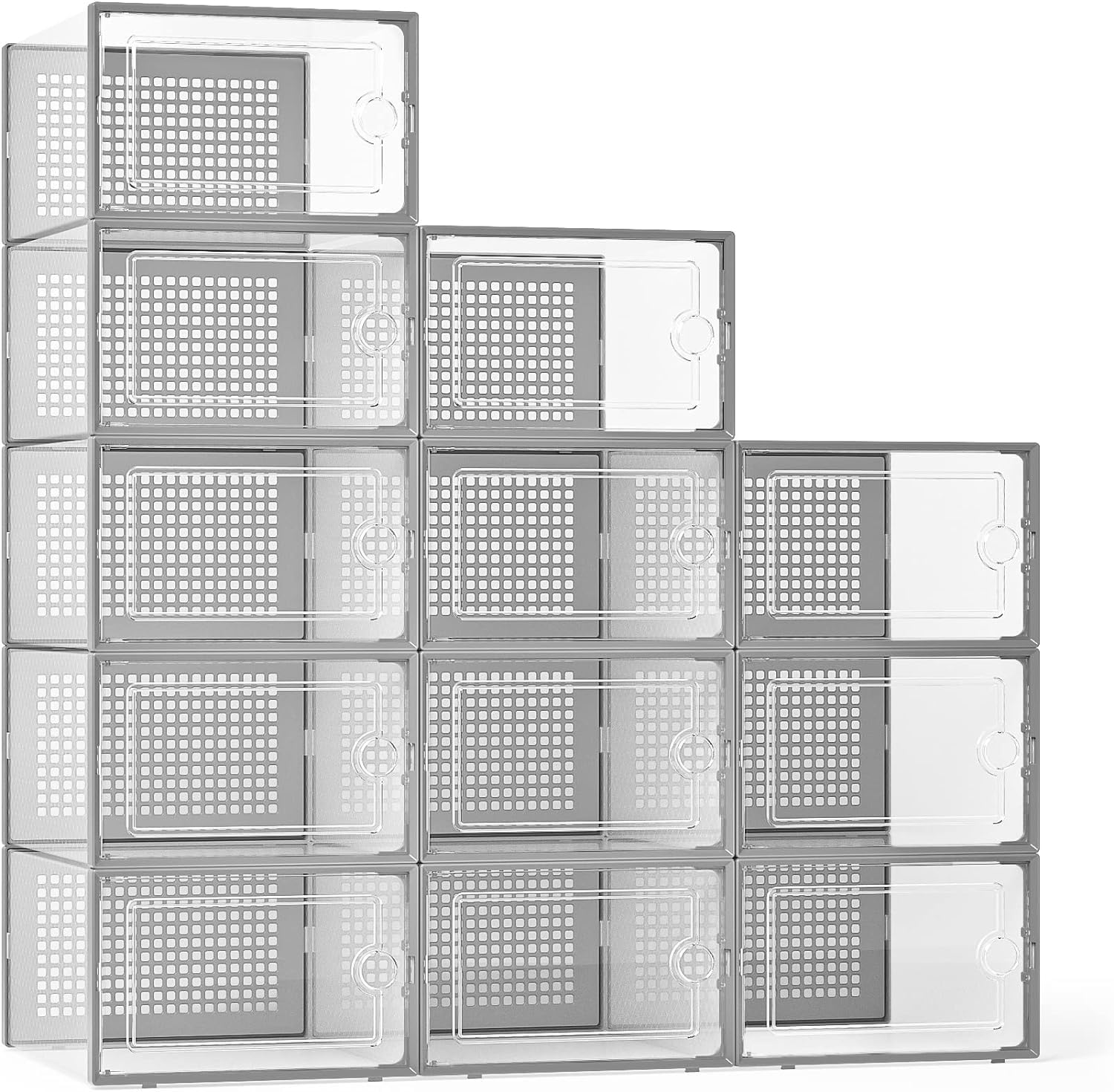 Shoe Organizers Storage Boxes for Closet 12 Pack, Stackable Clear Plastic Boxes for Closet, Folable Storage Bins with Lids, Sneaker Storage Box Shoe Rack Containers Bins Holders Cabinet (White-12pack)