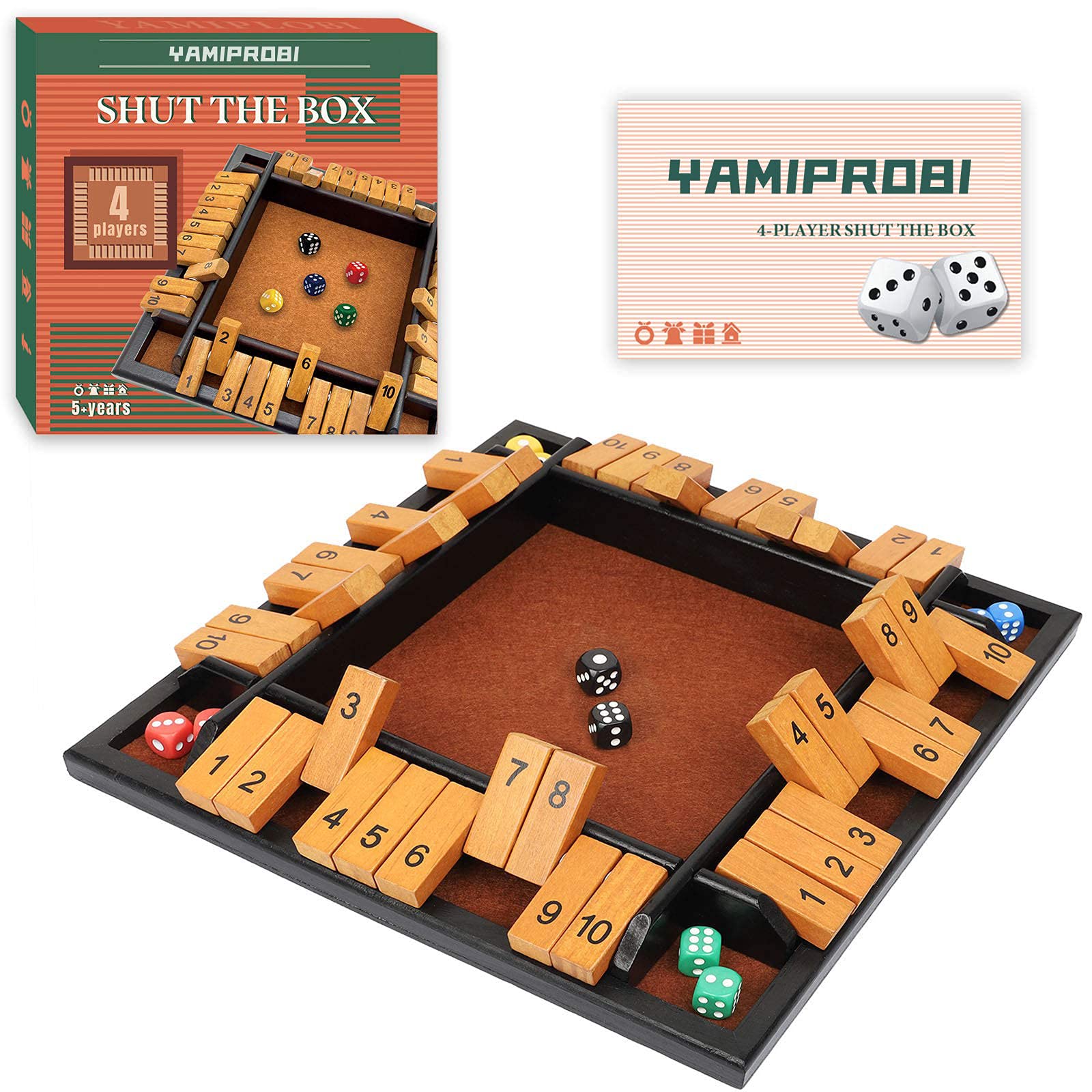 Shut The Box Dice Game: 1-4 Players Wooden Dice Family Game for Kids and Adults - 4 Way Board Table Math Game with 10 Dices - 10 Number Flip Block Board Games for The Classroom Home Pub