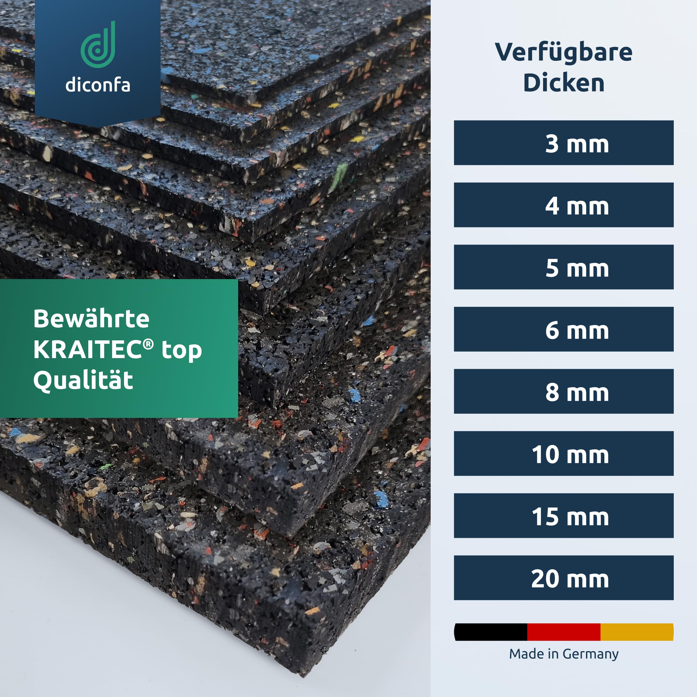 diconfa 50x Terrassenpads Gummigranulat 200x200mm, 5mm stark - WÄHLBAR - Dicke 3mm bis 20mm - Menge 1 bis 300 Stück - Gummipads Regenerat Plattenlager Stelzlager Terrassen-BAU Gerüstbau Transport