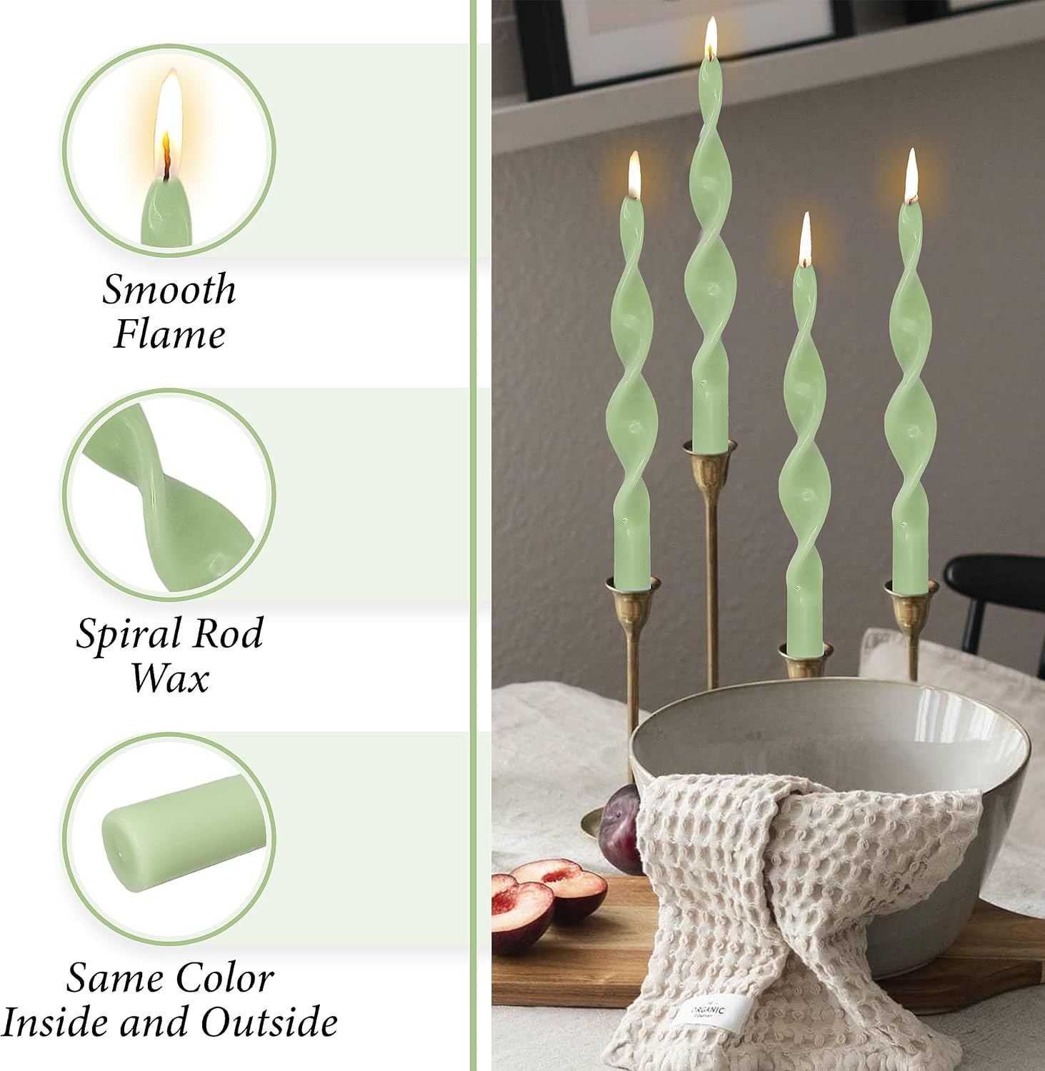 10 Inches Spiral Taper Candles Colorful Twisted Candle Dripless Long Candles, Handmade Candlesticks for Wedding Dinner Decor, Set of 4(Green) image 3