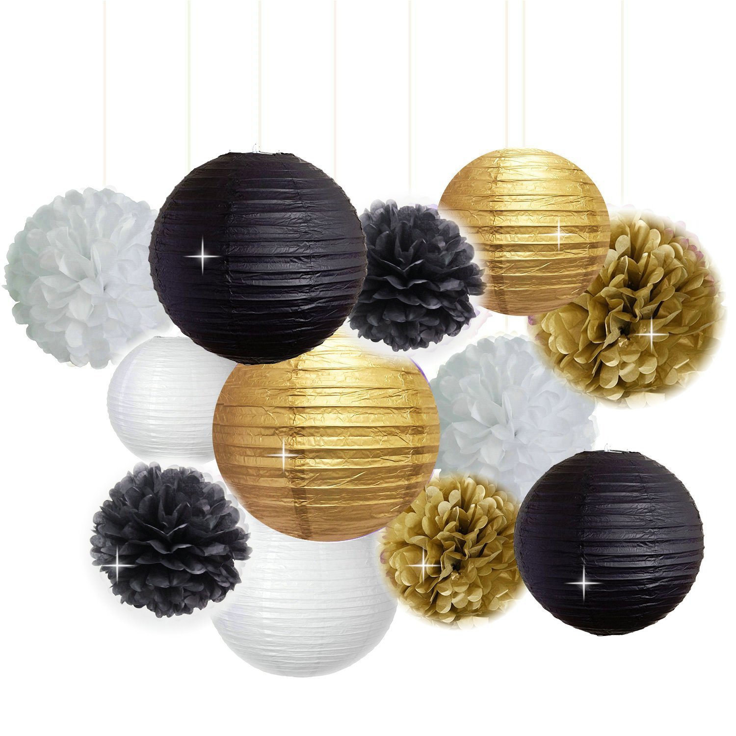 New Years Decorations Gold Black White Party Decor Kit Tissue Paper Pom Poms Flower Paper Lantern Party Hanging Decoration Favor for Birthday Decoration Black Gold Themed Decor