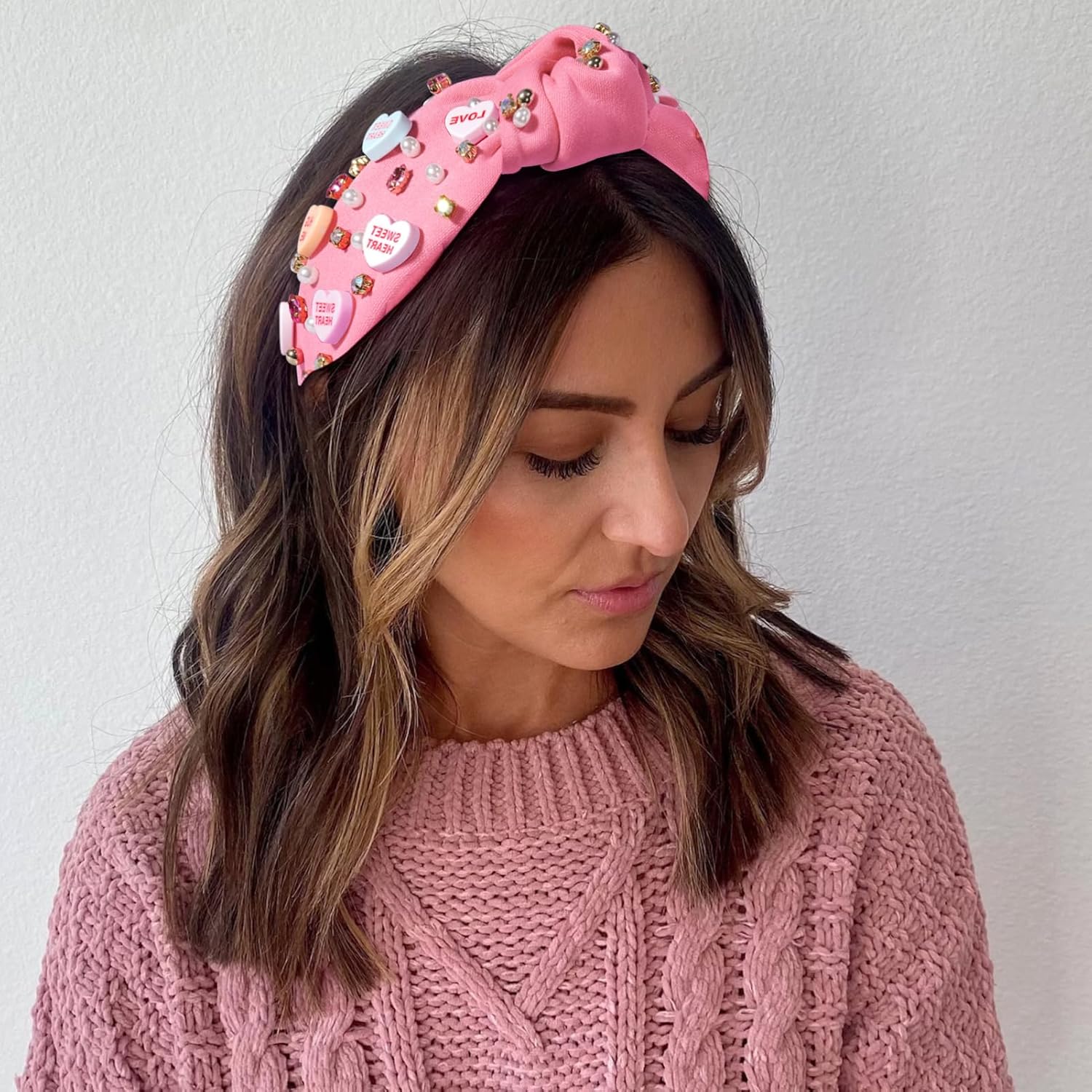 2 Pack Valentine’s Day Headbands for Women Girls Knot Jeweled Rhinestone Hair Accessories Pink Red Heart Clothes Outfit Gifts - Image 4