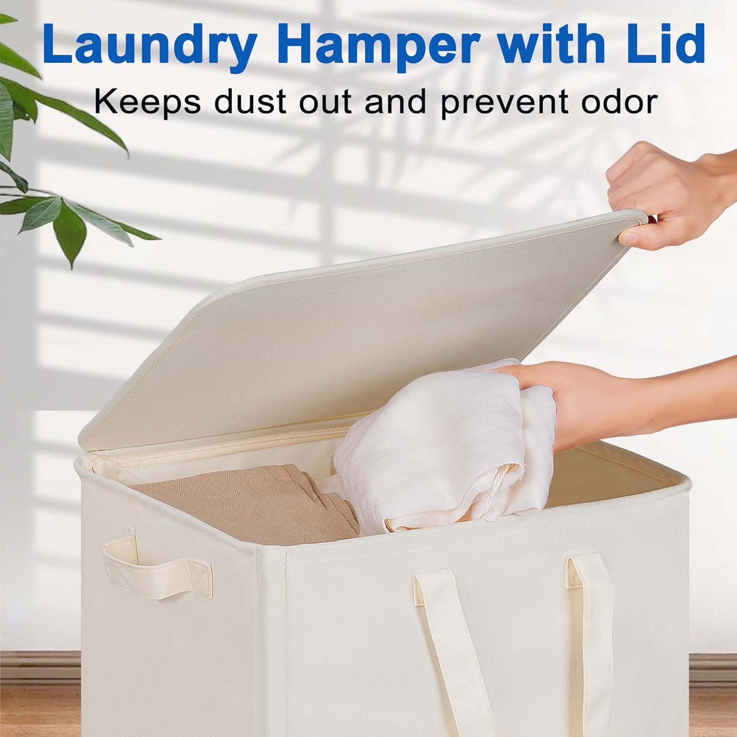 Slim Laundry Hamper with Lid and Wheels, Small Rolling Laundry Basket with Handle for Small Spaces, Tall Dirty Clothes Hampers for Dorm, Bathroom and Bedroom, 95L, Beige