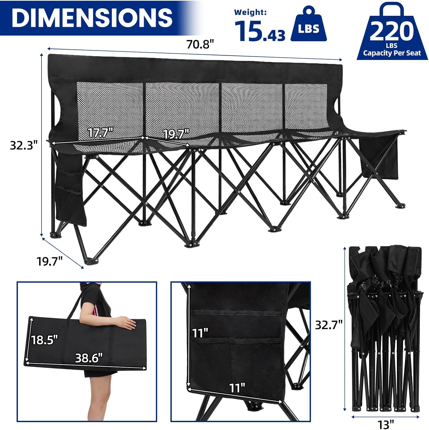 Soccer Bench- Folding Team Bench Soccer 4 Seats, Portable Sideline Sports Benches with Mesh Seat and Back with Bag, Foldable Breathable Chairs for Sports Football Camp Events (Black