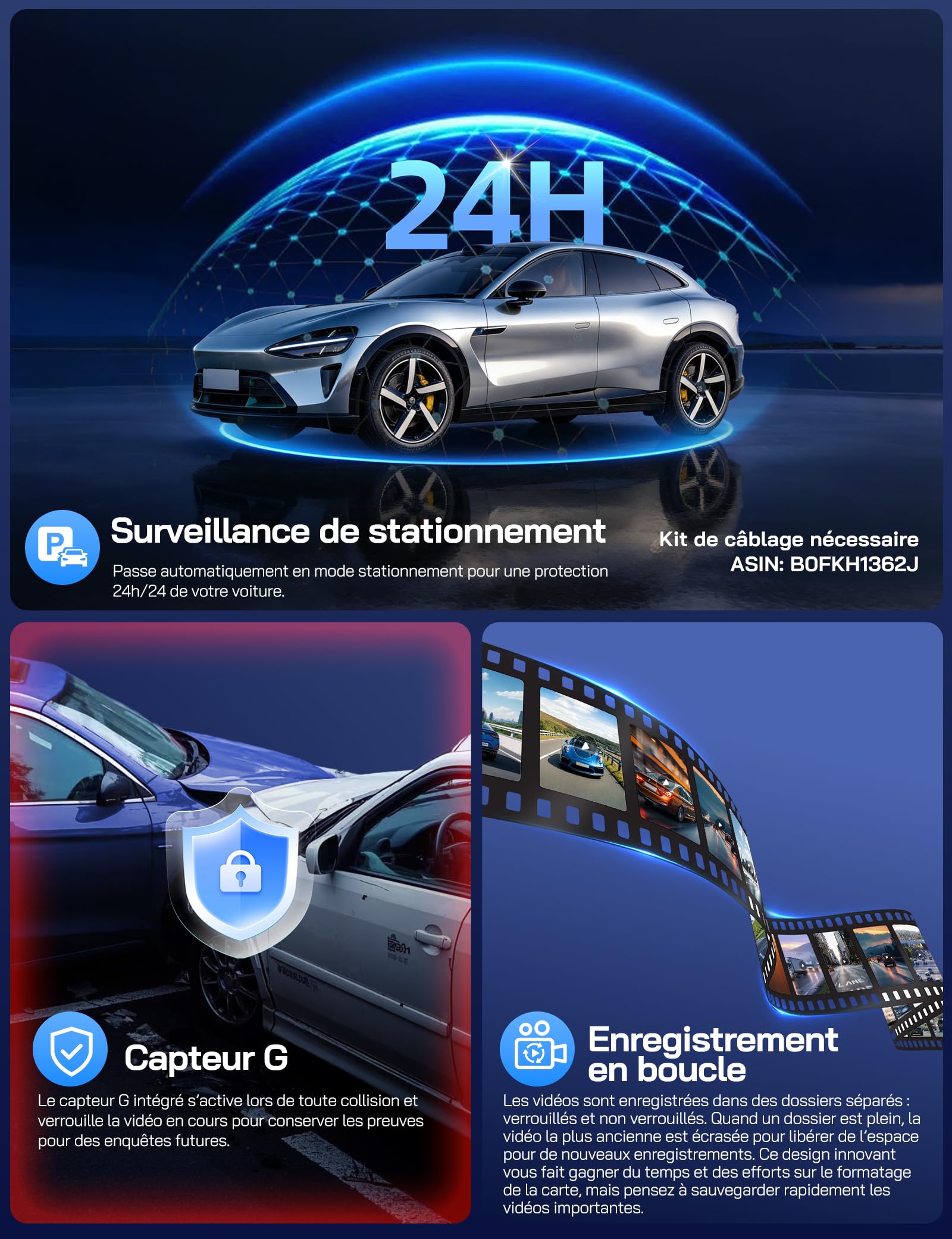 WOLFANG 4K Dashcam Voiture Avant Arrière, 3 Canaux Caméra de Bord avec 24H Mode Parking, WiFi & Application, G-Capteur, WDR, Vision Nocturne, Enregistrement en Boucle