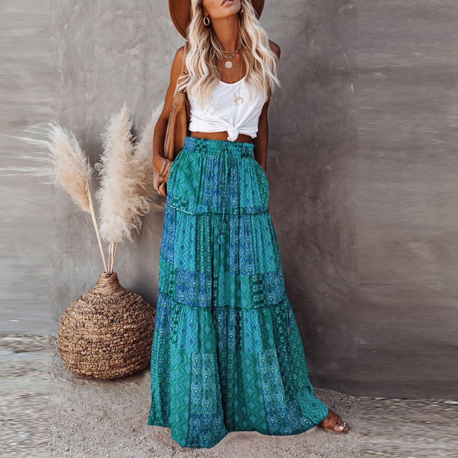 DUddTTW Casual Women's Midi Skirt Printed Ankle Length Skirts High Waisted Swing Skirt Midi Length Flowy Skirt Loose Maxi Skirts Stylish(Gr�n,Lagre)