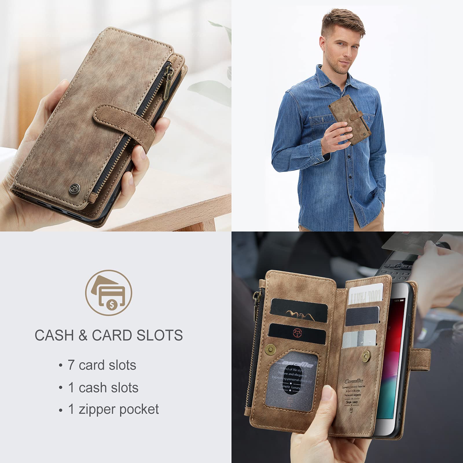 UEEBAI Custodia Portafoglio Magnetica In Pelle PU Per IPhone SE 2020/2022/7/8: Cover Sottile Con Slot Per Carte E Supporto Visione, Marrone Vintage