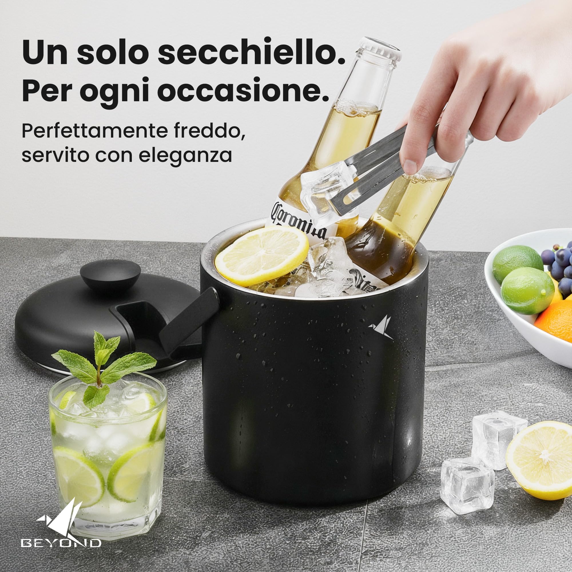 Beyond Secchiello per Ghiaccio con Coperchio e Pinza in Acciaio Inox – Porta Ghiaccio Secchiello Refrigerante Doppia Parete 1,3 Litri, Secchio Ghiaccio, Contenitore per Cubetti di Ghiaccio – Nero